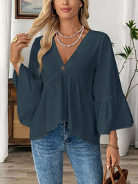Women's Solid-Color V-Neck Top With Ruffle Sleeves
