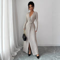 Solid-color Sexy V-neck Long-sleeve High-slit Dress