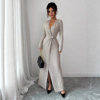 Solid-color Sexy V-neck Long-sleeve High-slit Dress