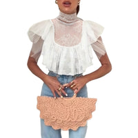 High-neck Lace Mesh Sheer Layered Patchwork T-shirt