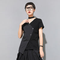 Summer New Women's Short Sleeve Slim Fit V-neck Stitching Personality Wrong Top