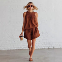 Cotton-linen Sleeveless Top And Wide-leg Shorts Set