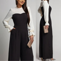 Black-and-white Patchwork Lace Long-sleeve Wide-leg Pants