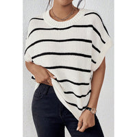 Striped Wool Round Neck Contrast Drop Shoulder Sweater With Short Sleeves