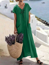 Casual V Neck Lace Up Solid Color Womens Dress