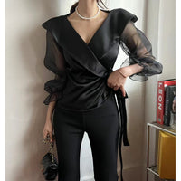 Womens V-neck Panelled Puff-Sleeve Bow-Tie-Neck Blouse