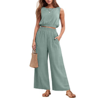 Womens Casual Round-Neck Sleeveless High-Waist Wide-Leg Two-Piece Set With Elastic Hem