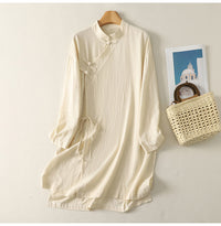 New Chinese-style Slant-Collar Button-Loop Tie Cotton-Linen Shirt For Women