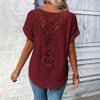 Womens Simple Versatile Lace-Patchwork Crew-Neck Short-Sleeve Top