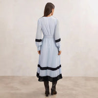 Color-blocked Round-neck Lace-trimmed Dress With A Belt