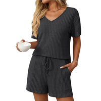 Solid-color Ribbed Sleepwear Short-sleeve Loungewear Set