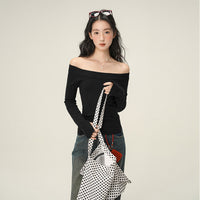 Pure Desire Oblique Angle Shoulder Soft Knit Sweater Base Shirt
