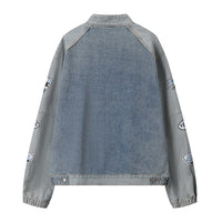Men's Stitching Embroidered Letters Washed And Worn Zipper Denim Coat Fashion
