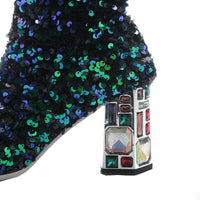 Fashion Sexy Sequin Round Head Hit Color Thick High Heel Over The Knee Large Size Elastic Boots Women