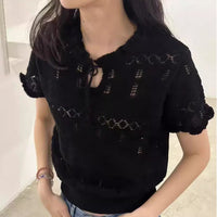 Hollow Stringy Selvedge Lace-up Knitted Top Women's T-shirt
