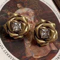 Gold Three-dimensional Camellia Flower Diamond Stud Earrings