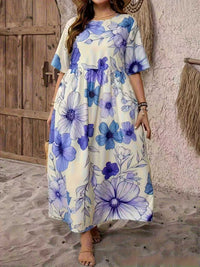 Vacation Short-Sleeve Crew-Neck Floral Print Dress