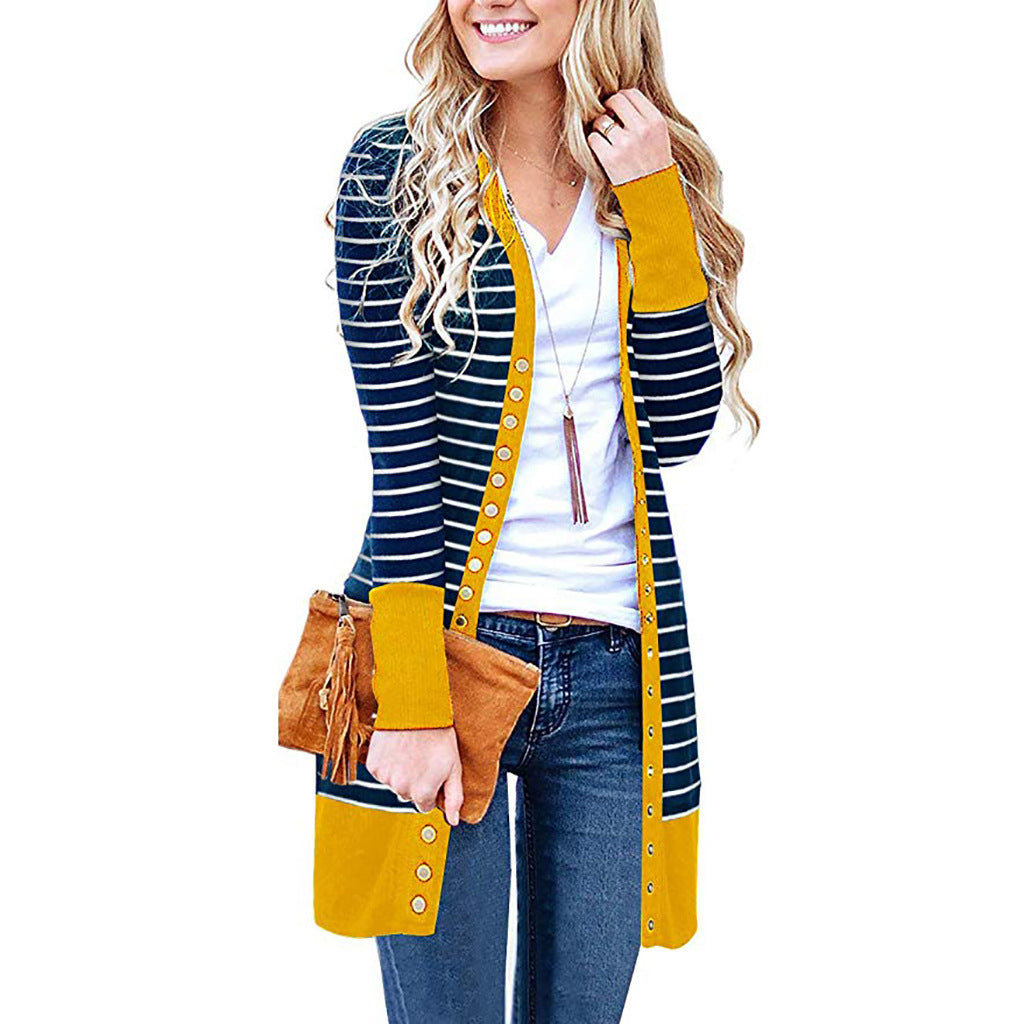 Autumn And Winter Plus Size Women's Fashionable Mid-length Button Striped Cardigan