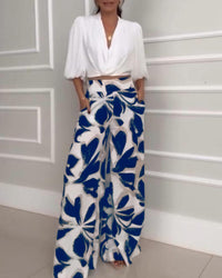 Socialite Womens Three-quarter-sleeve Fashionable Casual Wide-leg Pants Set