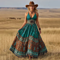 Fashionable Womens Sexy V-Neck Printed Bohemian Dress