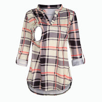 Plaid Printed Pregnant Woman Breastfeeding V-neck Long Sleeve Top