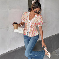 Womens High-End Romantic Printed Lace-trimmed V-neck Defined-waist Ruffle Hem Top