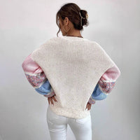 Sweater Women's Round Neck Pullover Contrast Color Puff Sleeve
