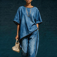 Elegant Casual Denim-Style Loose Wide-Leg Pants Two-Piece Set