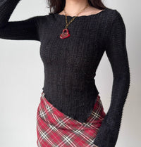 Retro Red Sweater Women's Irregular Hem Slim Fit Bottoming Top