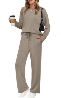 Long-sleeve Drawstring Solid-color Casual Pants Set