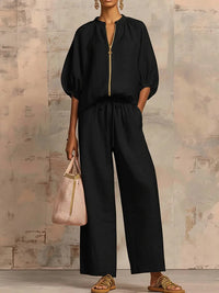 Solid-color Casual Loose-fitting Zip-up Sweatshirt And Straight-leg Pants Set