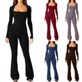 Women Long Sleeve Belly Waist Shaping And Hip Lift Square Collar Wide Leg High Elastic Jumpsuit