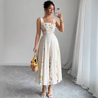 European And American Style French Cut-Waist Floral Embroidery Sleeveless Maxi Dress