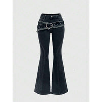 Punk-style Vintage Metal Heart-shaped Belt Frayed-edge Jeans