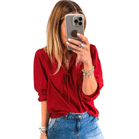 Women's Solid-color V-neck Long-sleeve Chiffon Blouse With Bow Tie Straps