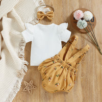 New Sunken Stripe Flounced Sleeve Floral Corduroy Suspender Pants Hair Band Three-piece Suit