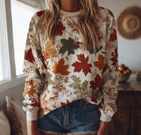 Womens Breathable Casual Long-Sleeve Crew-Neck Sweatshirt With Maple Leaf Print