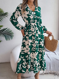Women's Casual Floral Print Tie Waist Long Sleeve Ruffle Dress
