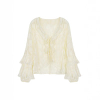 French-style Ruffled Lace Cardigan With Flared Sleeves And Tie Detailing