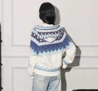 Christmas-themed Fair Isle Jacquard Hooded Sweater Coat