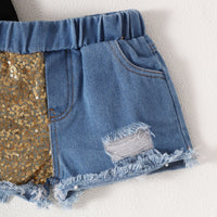 Girls Bow Short Sleeve Letter Jacket Phnom Penh Sequins Ripped Denim Shorts Suit
