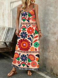 Womens Floral Print V-Neck Sleeveless Long Slip Dress