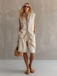 Single-breasted Sleeveless Linen Shirt And Shorts Set