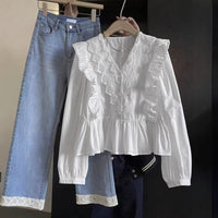 Womens Casual Solid-Color Lace-Patchwork Ruffle-Trim Long-Sleeve Top