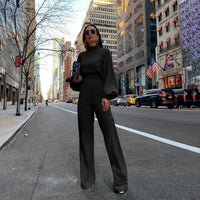 Women's Casual Pants Solid Color Turtleneck Backless Long Sleeve Jumpsuit