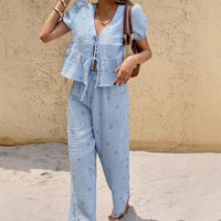 Womens Striped Front-Placket Puff-Sleeve Shirt And Pants Set