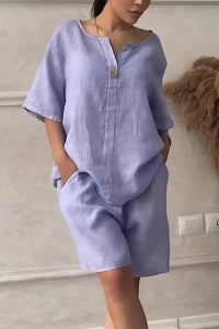Cotton-linen Shirt Set With High-waisted Loose Shorts For Women