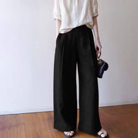 Womens Cotton-Linen Wide-Leg High-Waist Drapey Straight-Cut Casual Pants