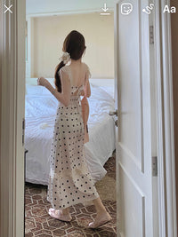 Polka-dot Lace Maxi Slip Dress With A Defined Waistline