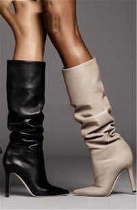Solid Color Lychee Pattern Wedge Heel Sexy Pointed Toe Over The Knee Fashionable High-top Boots